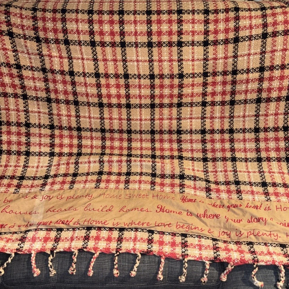Vintage Woven‎ Plaid Throw Blanket Home Sweet Home Tassels Primitive Rustic